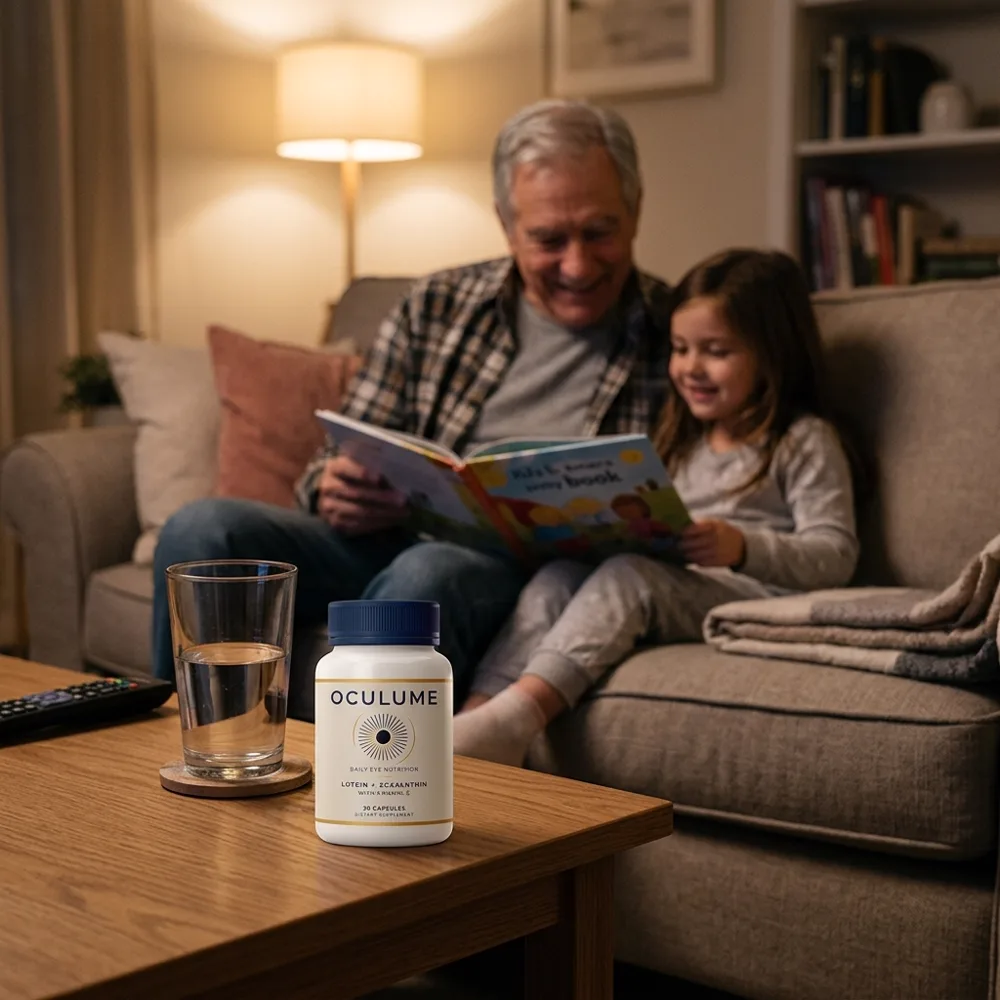 A grandfather reading a book to his granddaughter, with a bottle of Oculume on the side table